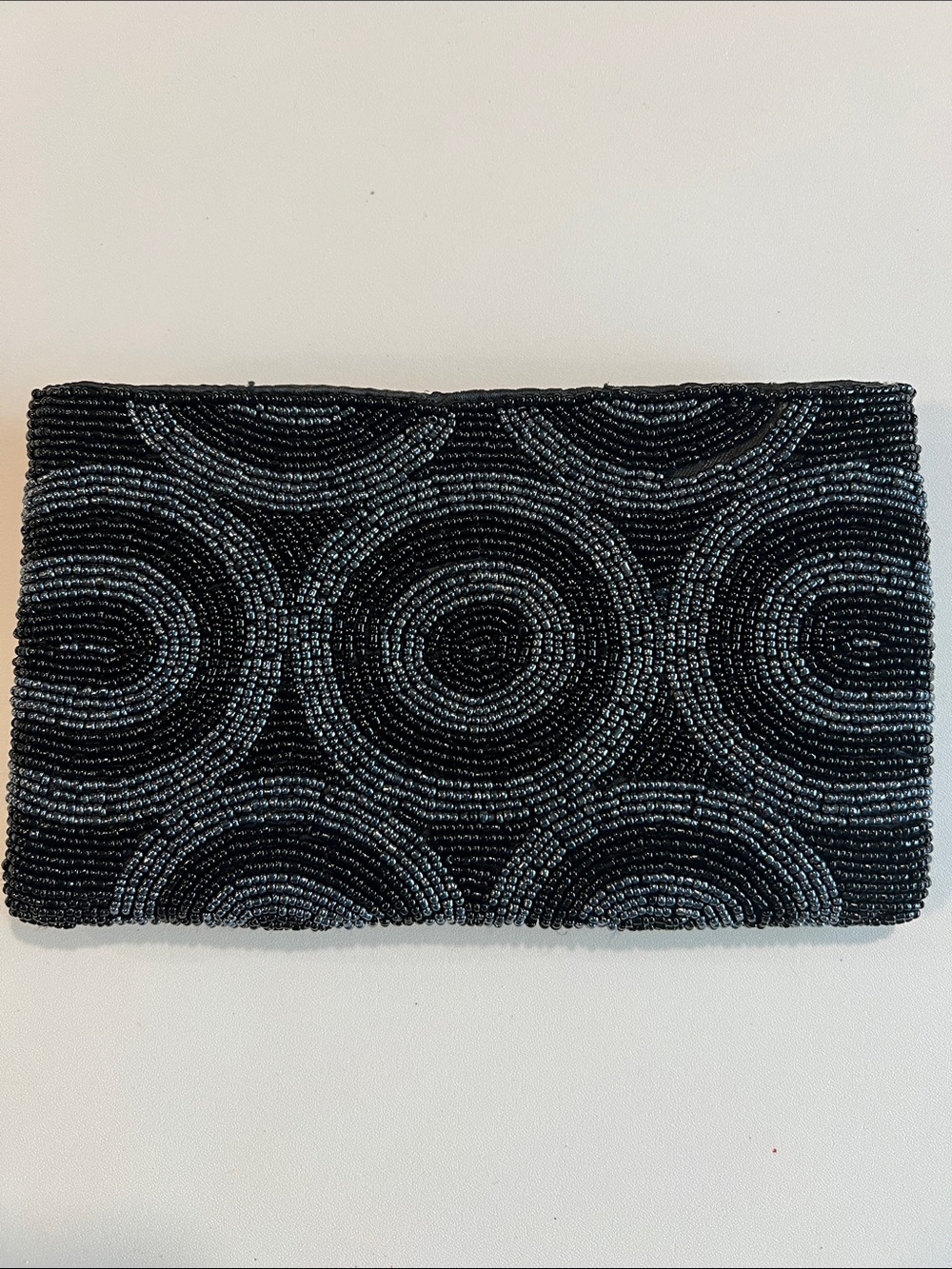 Beaded Black Circle Pattern Evening Clutch - silver/metallic/black, 5x7.5”